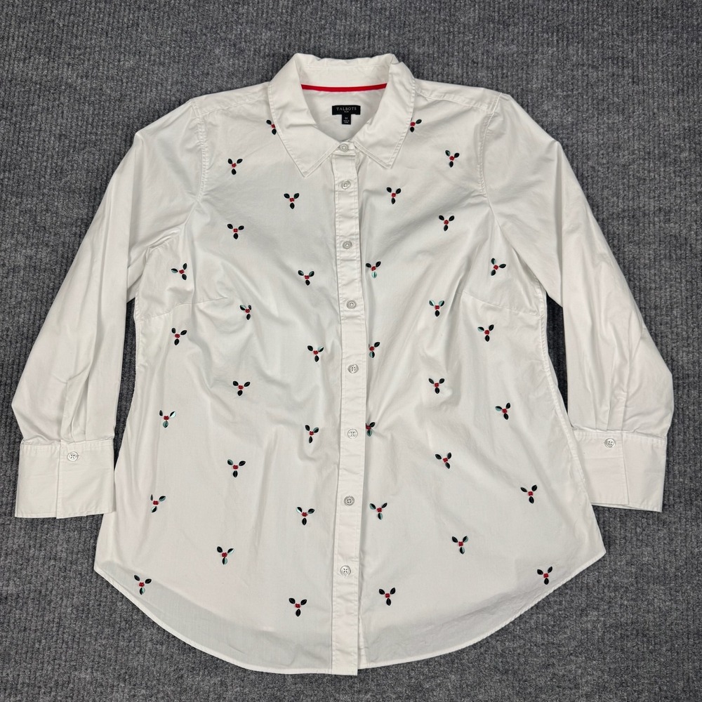Talbots Button Up Shirt Womens XL Santa Embroidered Christmas Holidays